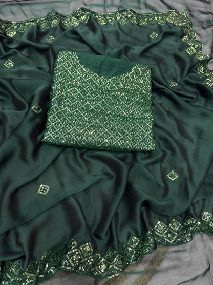 Bottle Green Soft Rangoli Silk Embroidery Work Saree