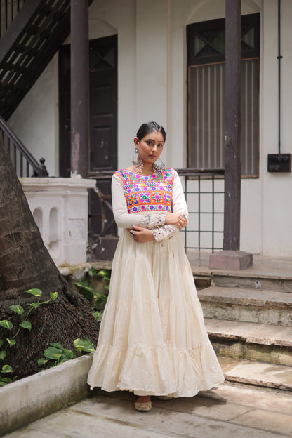 White Kora Cotton with Multi-Thread Embroidered Gamthi Work Gown