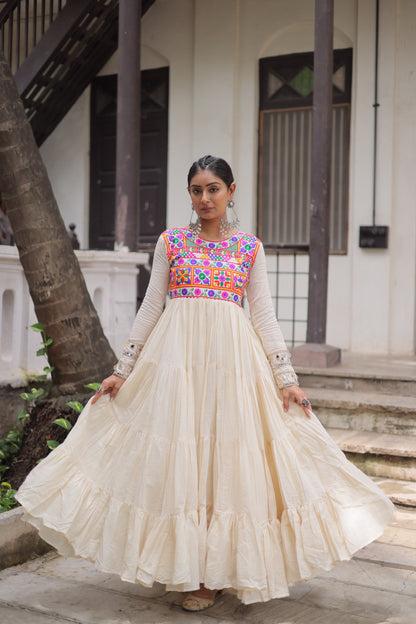 White Kora Cotton with Multi-Thread Embroidered Gamthi Work Gown
