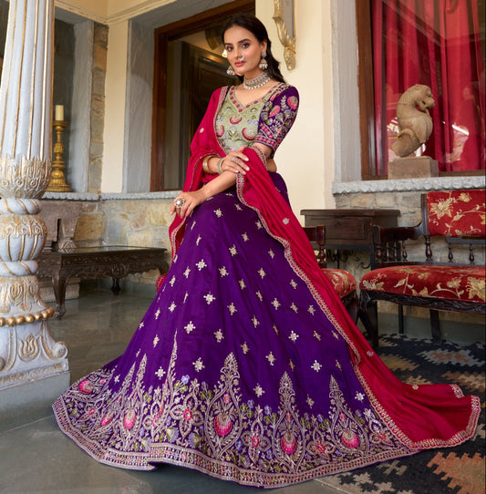 Purple Vichitra Silk Embroidery Work Lehenga