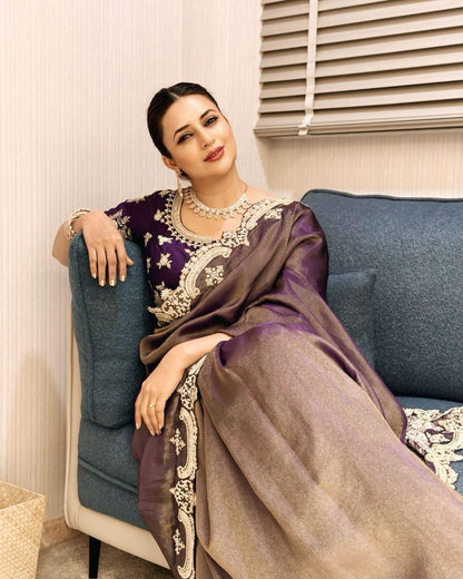 Wine color Two Tone Soft Copper Gold Weave Silk Saree