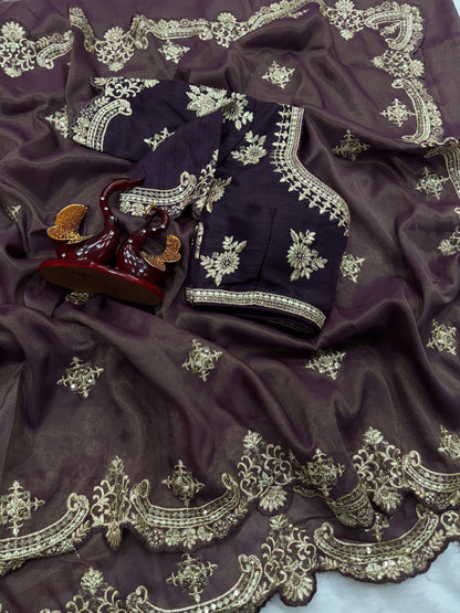 Wine color Two Tone Soft Copper Gold Weave Silk Saree