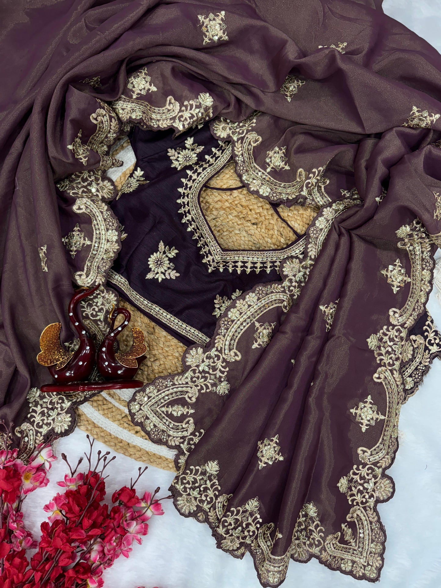 Wine color Two Tone Soft Copper Gold Weave Silk Saree