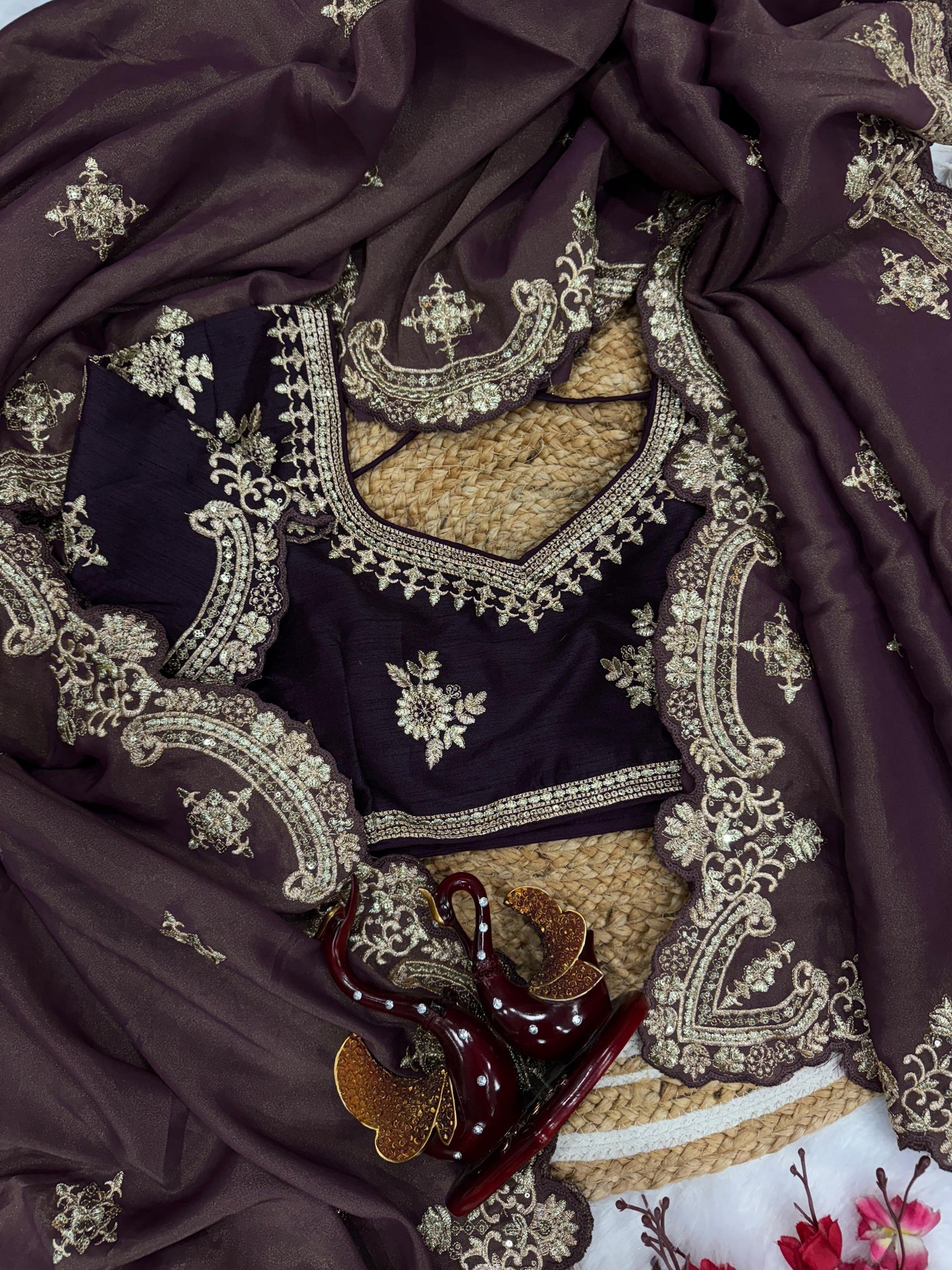 Wine color Two Tone Soft Copper Gold Weave Silk Saree