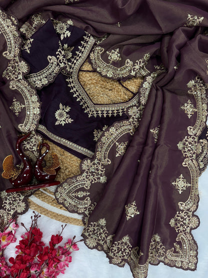 Wine color Two Tone Soft Copper Gold Weave Silk Saree