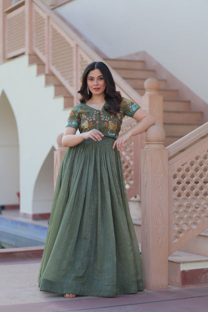 Mehendi color Silver Crunch Embroidery Work Gown with Koti
