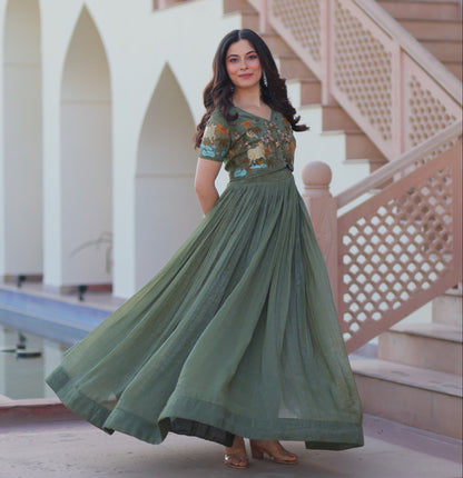 Mehendi color Silver Crunch Embroidery Work Gown with Koti