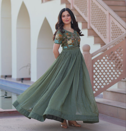 Mehendi color Silver Crunch Embroidery Work Gown with Koti