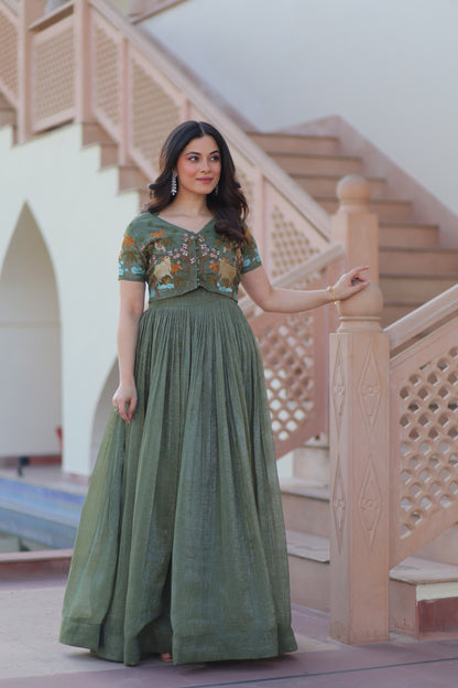 Mehendi color Silver Crunch Embroidery Work Gown with Koti