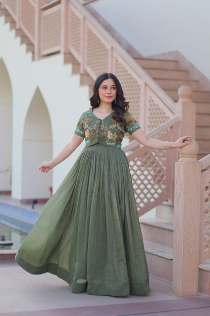 Mehendi color Silver Crunch Embroidery Work Gown with Koti