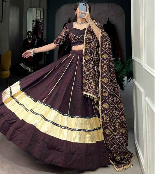 Black Georgette Bandhej Print & Embossed  Mirror Design Lace Lehenga Choli