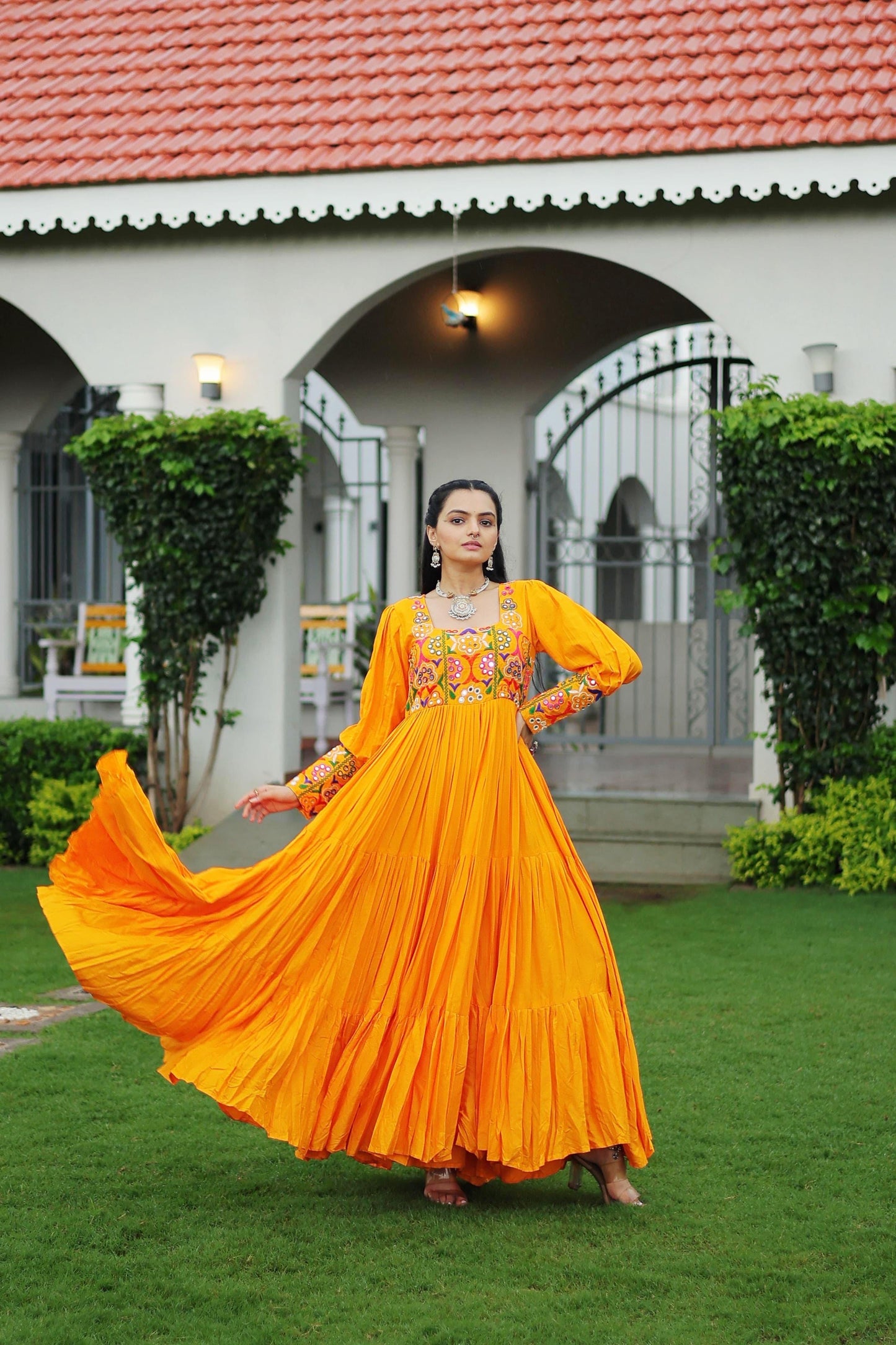 Yellow Kutchi Gamthi Work Gown