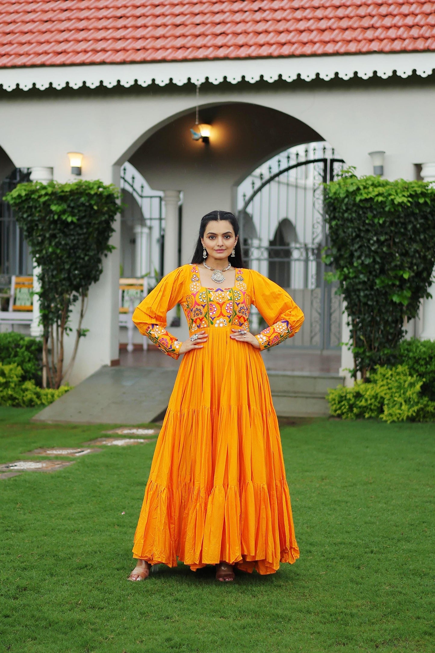 Yellow Kutchi Gamthi Work Gown