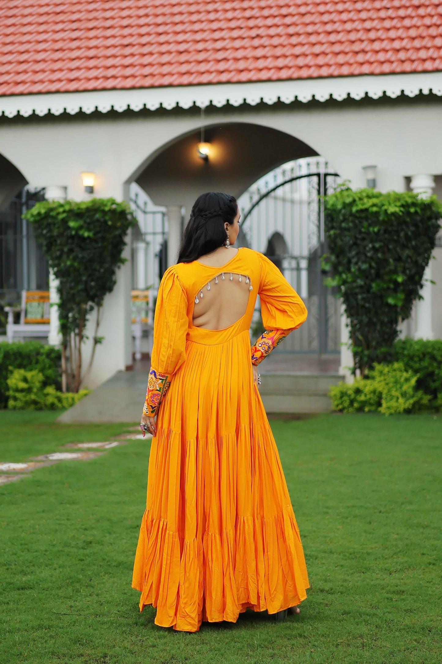 Yellow Kutchi Gamthi Work Gown