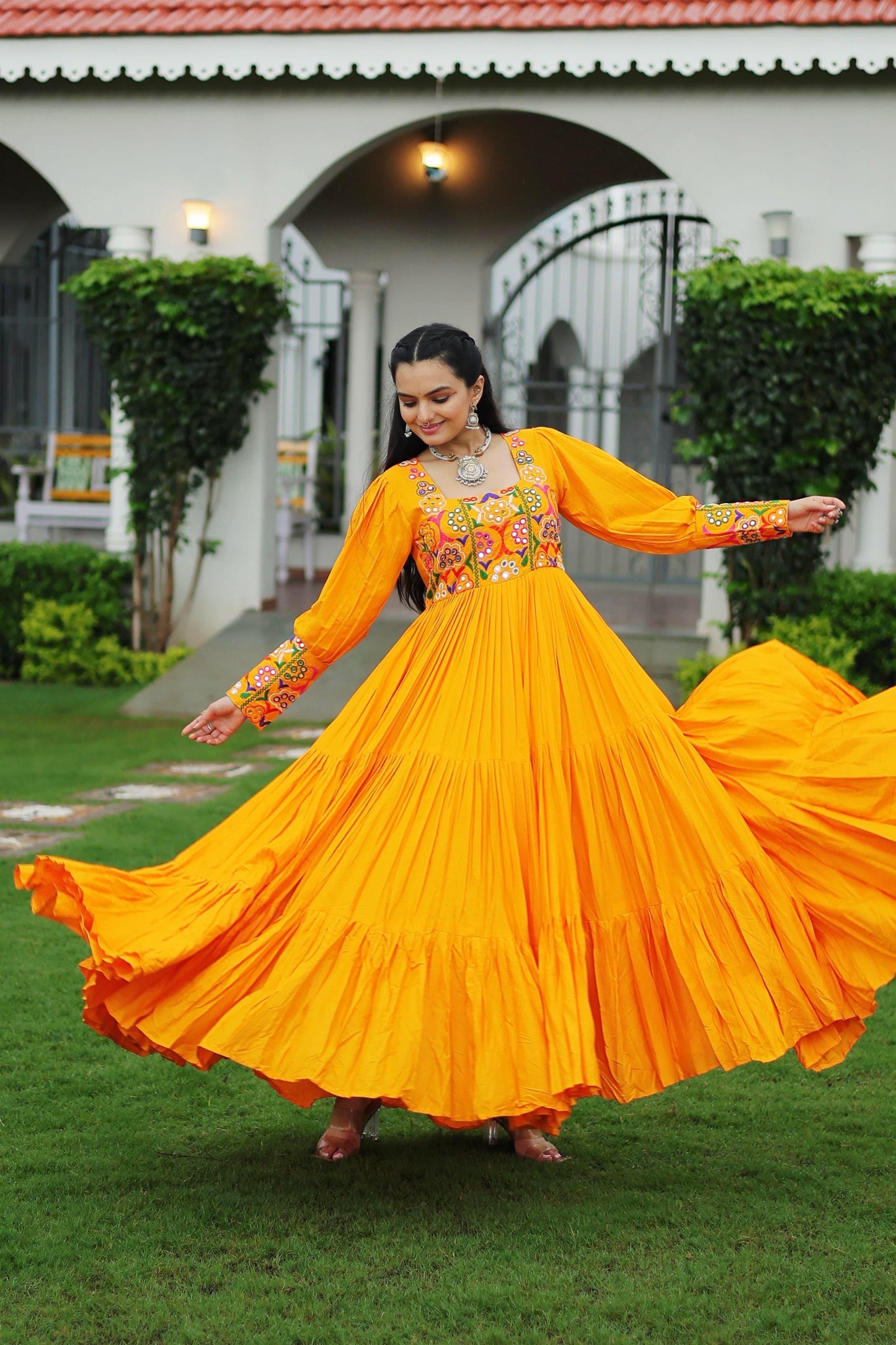 Yellow Kutchi Gamthi Work Gown