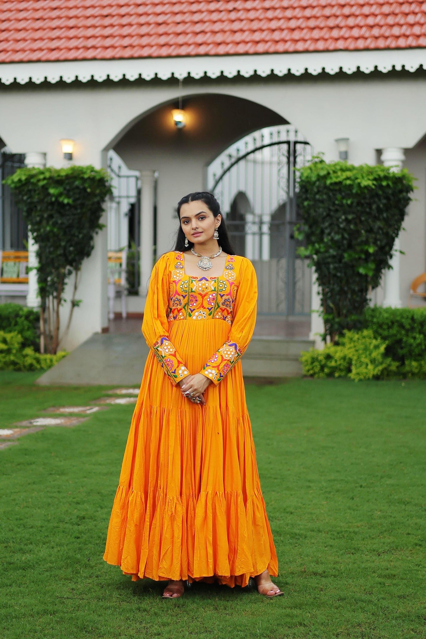 Yellow Kutchi Gamthi Work Gown