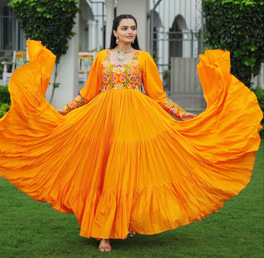 Yellow Kutchi Gamthi Work Gown