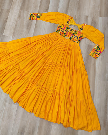 Yellow Kutchi Gamthi Work Gown
