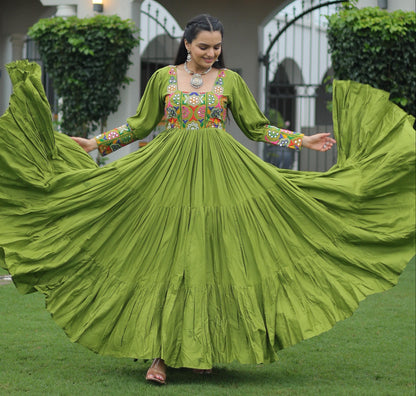 Parrot Green  Kutchi Gamthi Work Gown