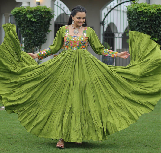 Parrot Green  Kutchi Gamthi Work Gown