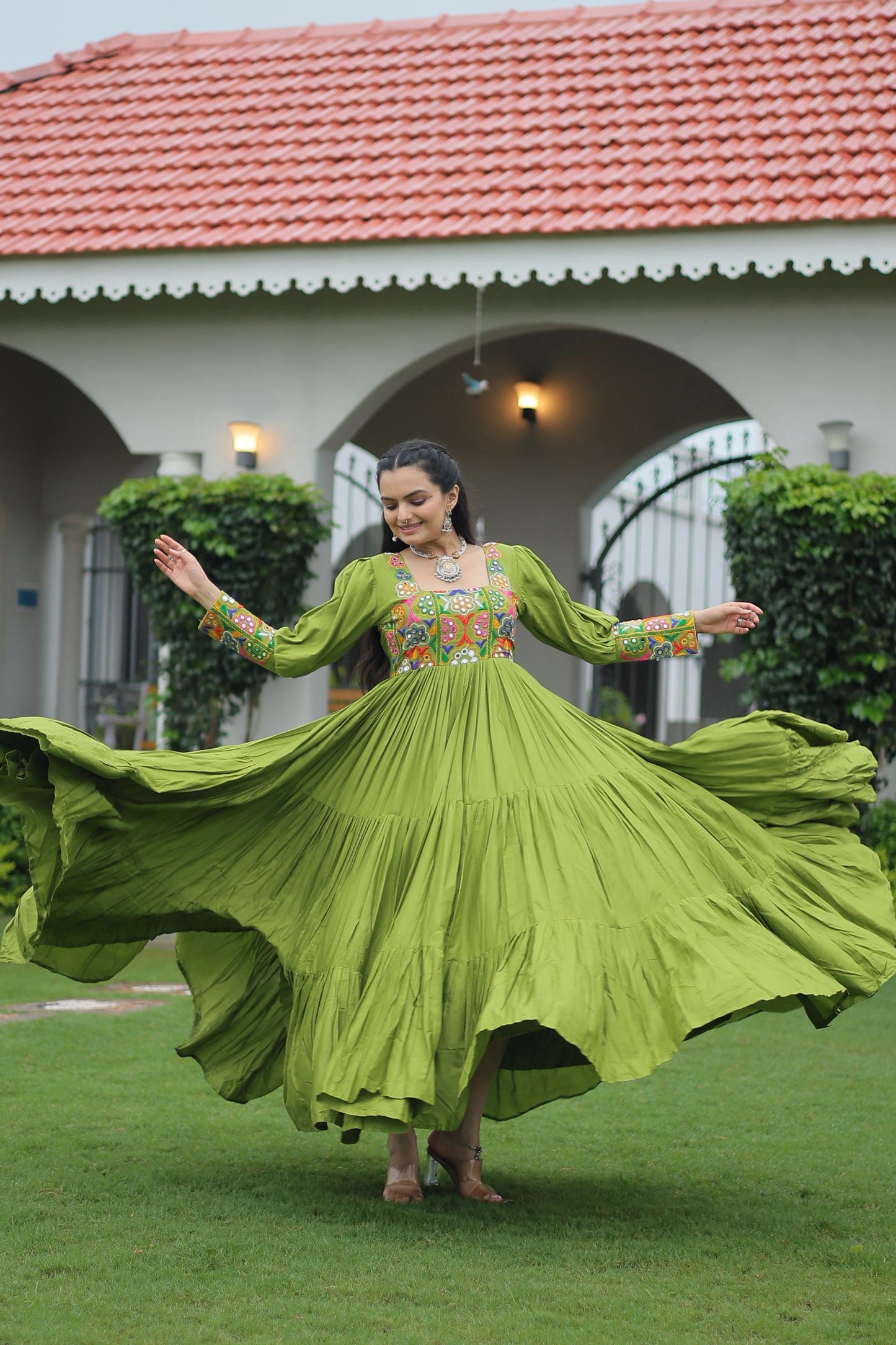Parrot Green  Kutchi Gamthi Work Gown
