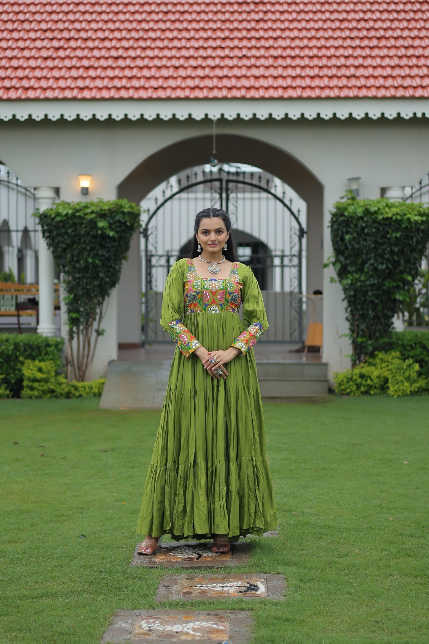 Parrot Green  Kutchi Gamthi Work Gown