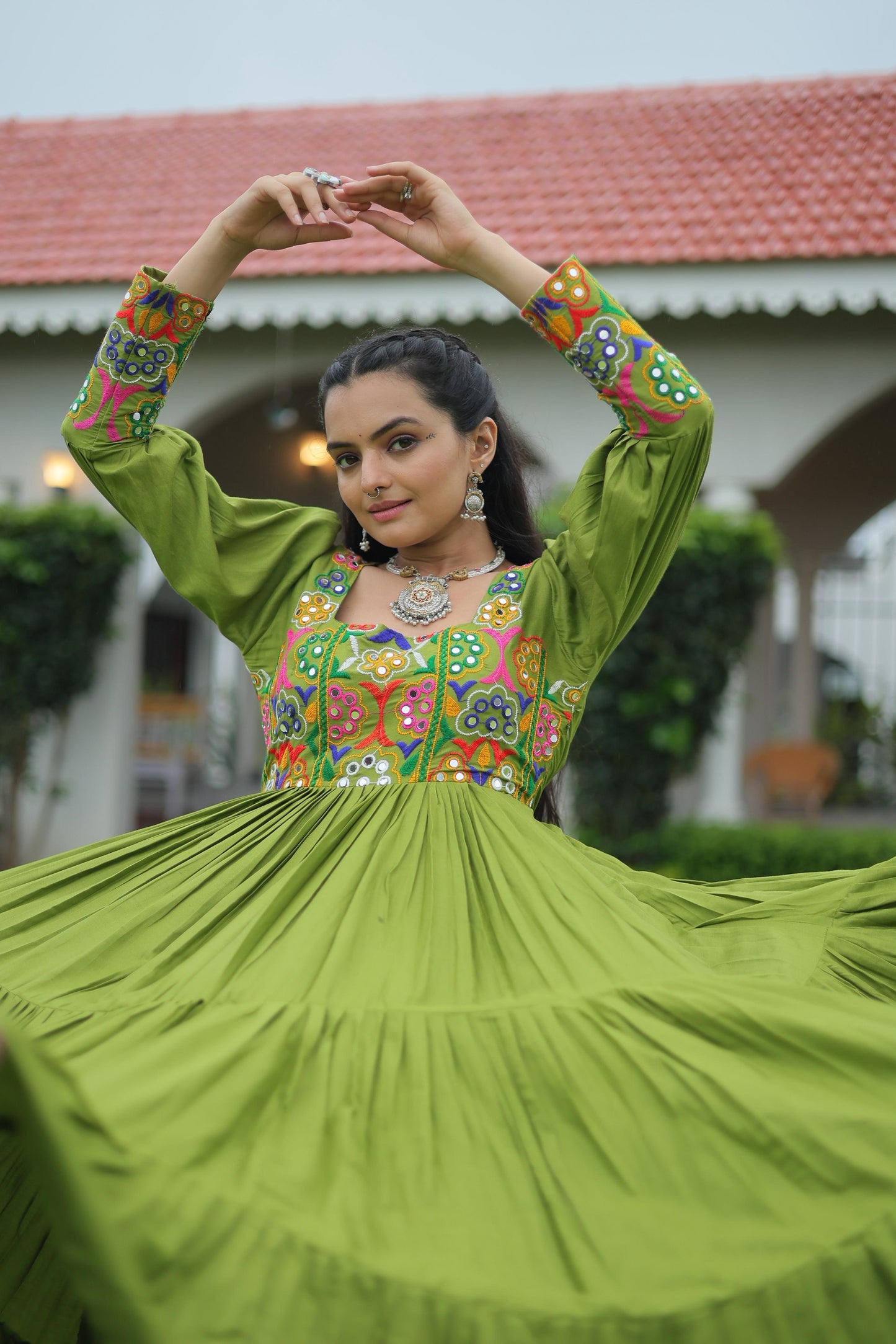 Parrot Green  Kutchi Gamthi Work Gown
