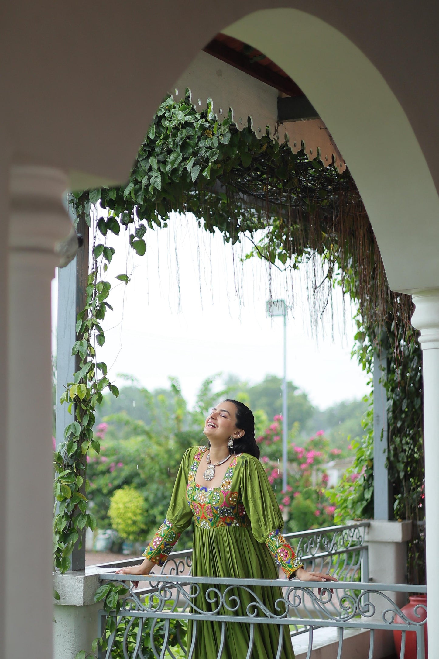 Parrot Green  Kutchi Gamthi Work Gown