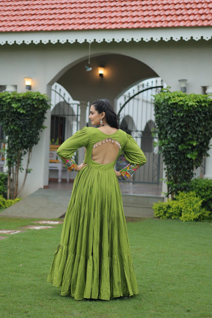 Parrot Green  Kutchi Gamthi Work Gown