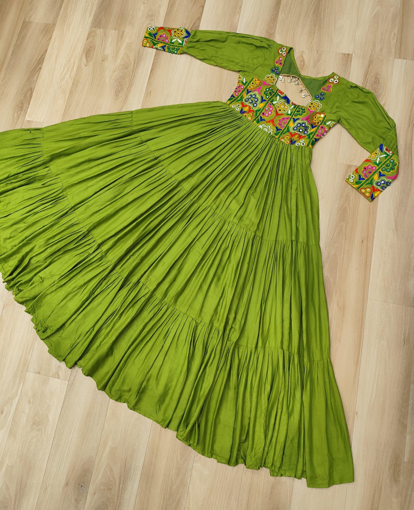 Parrot Green  Kutchi Gamthi Work Gown