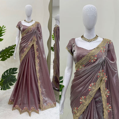 Onion color Fendi Silk Intricate Embroidery Work Saree