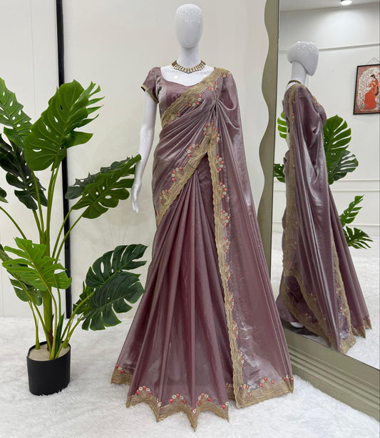 Onion color Fendi Silk Intricate Embroidery Work Saree