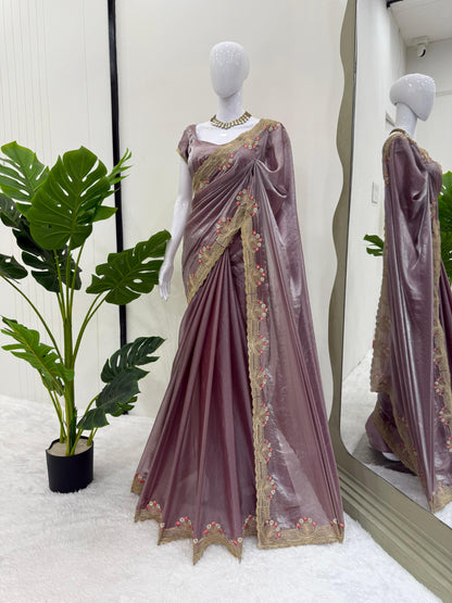 Onion color Fendi Silk Intricate Embroidery Work Saree