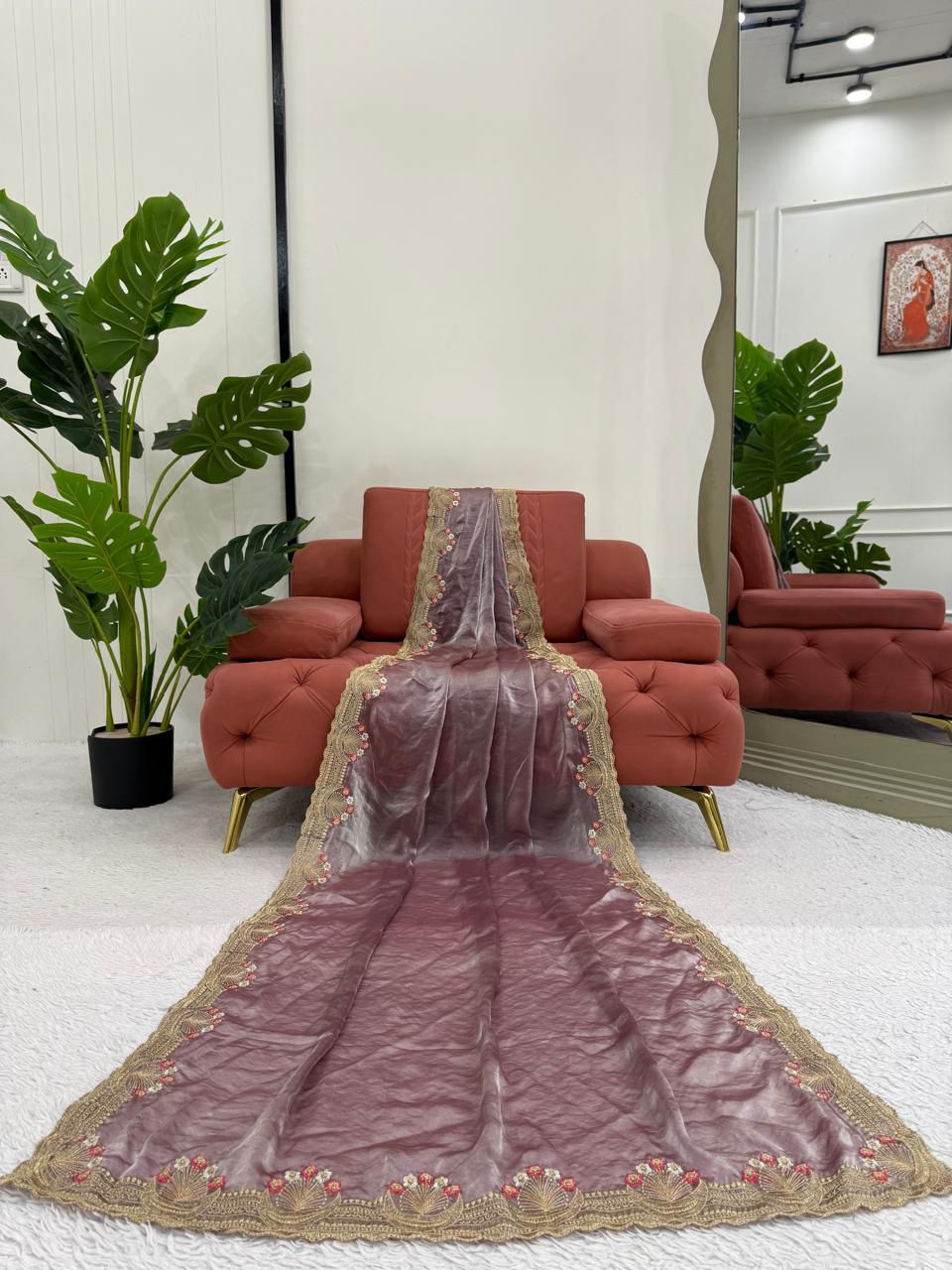 Onion color Fendi Silk Intricate Embroidery Work Saree