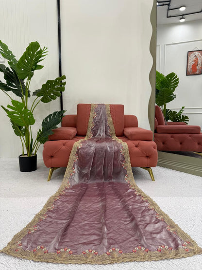 Onion color Fendi Silk Intricate Embroidery Work Saree