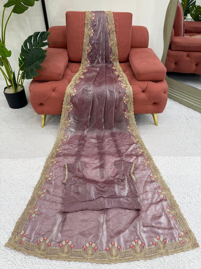 Onion color Fendi Silk Intricate Embroidery Work Saree