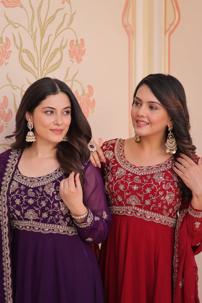 Purple  Faux Blooming with Beads Embroidery Work Gown With Dupatta