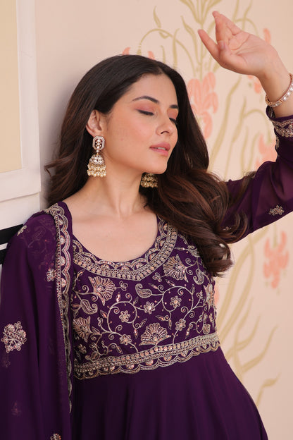 Purple  Faux Blooming with Beads Embroidery Work Gown With Dupatta