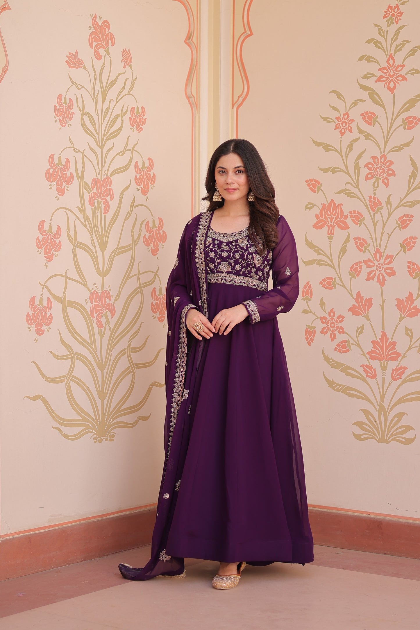 Purple  Faux Blooming with Beads Embroidery Work Gown With Dupatta