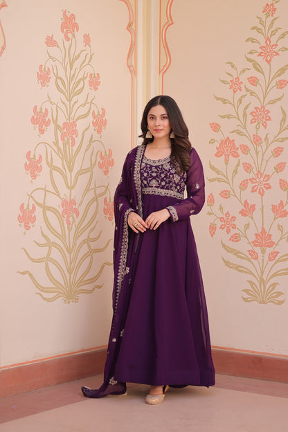 Purple  Faux Blooming with Beads Embroidery Work Gown With Dupatta
