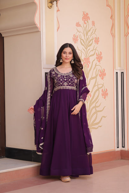 Purple  Faux Blooming with Beads Embroidery Work Gown With Dupatta