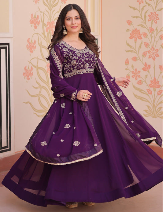 Purple  Faux Blooming with Beads Embroidery Work Gown With Dupatta