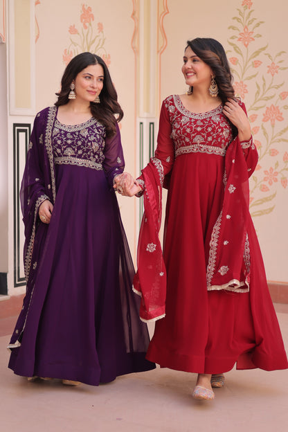 Purple  Faux Blooming with Beads Embroidery Work Gown With Dupatta