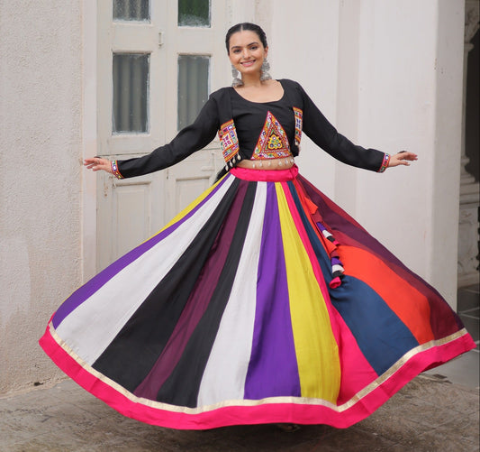 Multi color Roman Fabric with Codi Lace Work Lehenga Choli with Koti Stlye