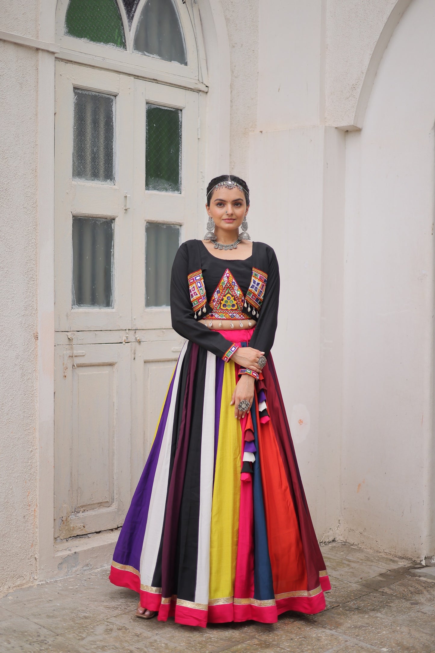 Multi color Roman Fabric with Codi Lace Work Lehenga Choli with Koti Stlye
