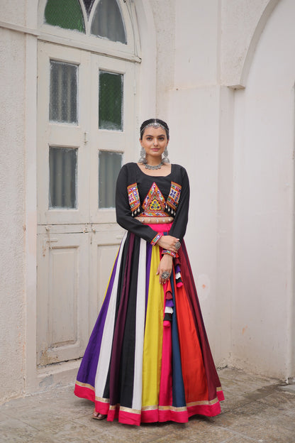 Multi color Roman Fabric with Codi Lace Work Lehenga Choli with Koti Stlye
