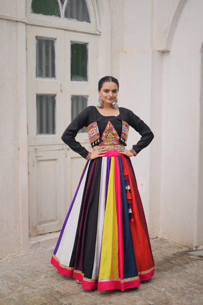 Multi color Roman Fabric with Codi Lace Work Lehenga Choli with Koti Stlye