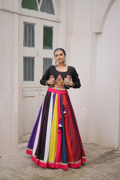 Multi color Roman Fabric with Codi Lace Work Lehenga Choli with Koti Stlye