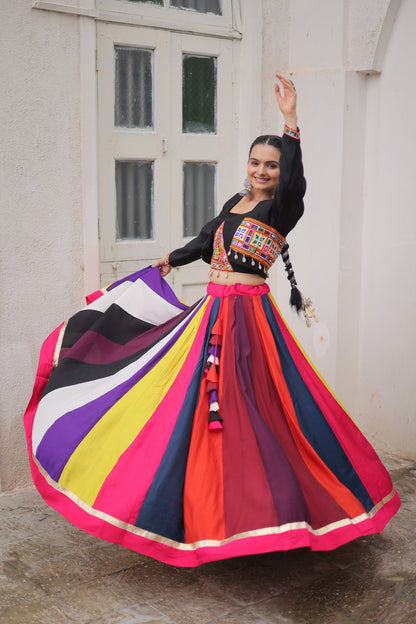 Multi color Roman Fabric with Codi Lace Work Lehenga Choli with Koti Stlye