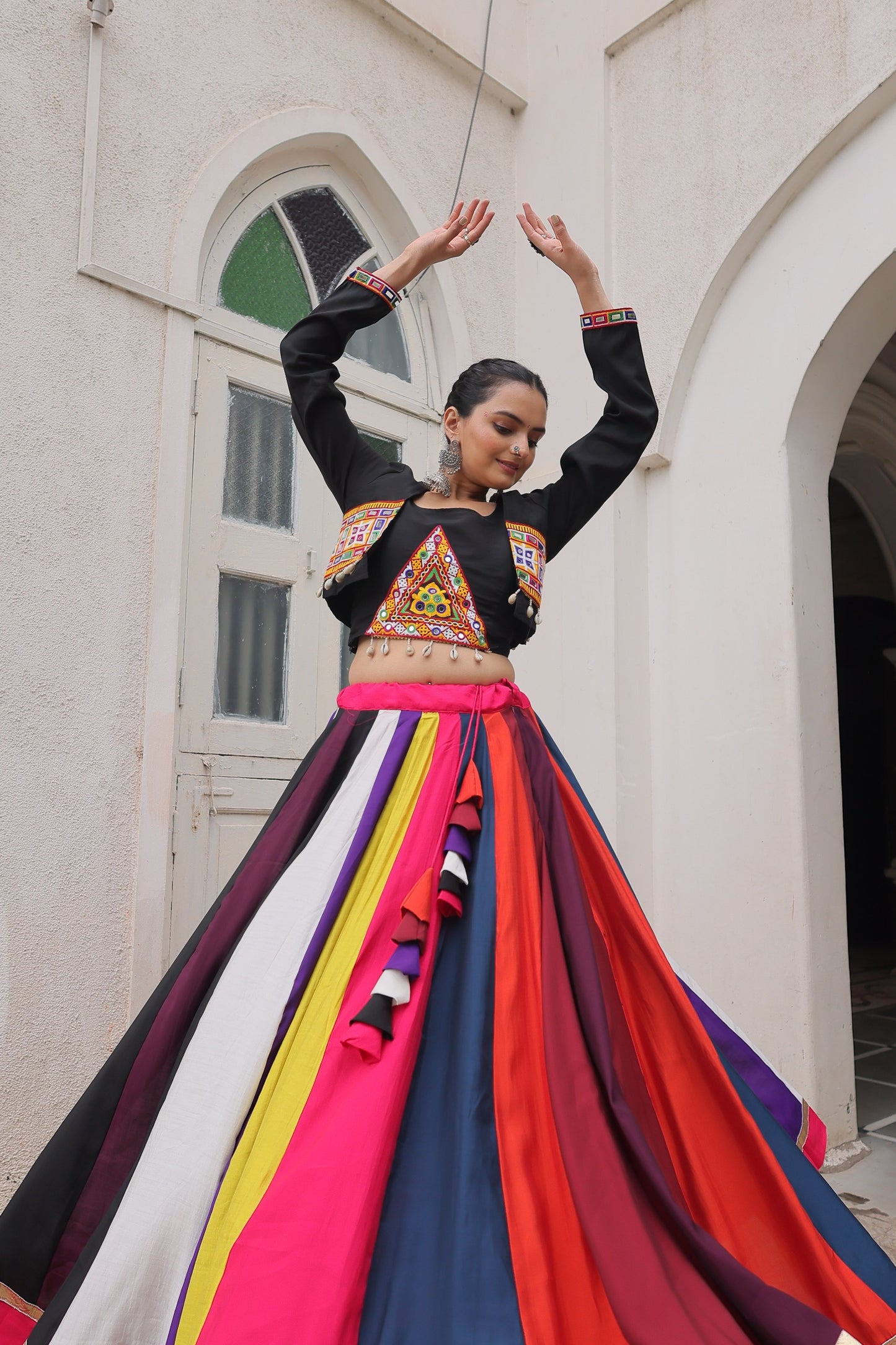Multi color Roman Fabric with Codi Lace Work Lehenga Choli with Koti Stlye